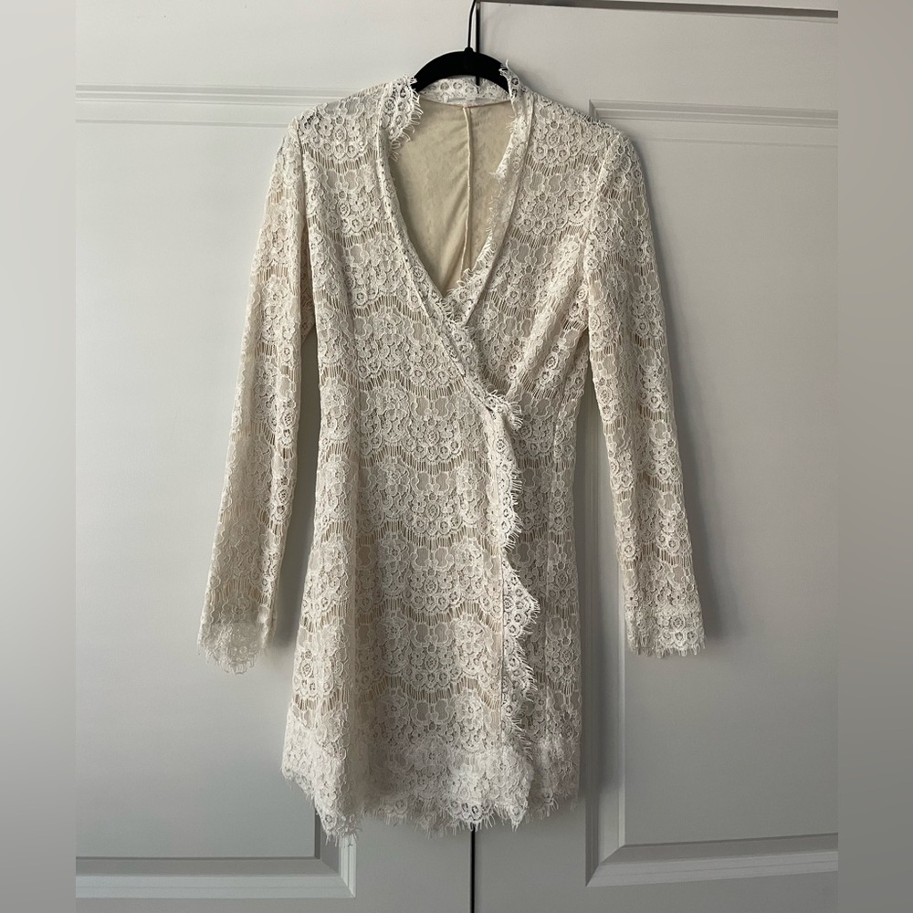 Olivaceous White Lace Long Sleeve Wrap Dress